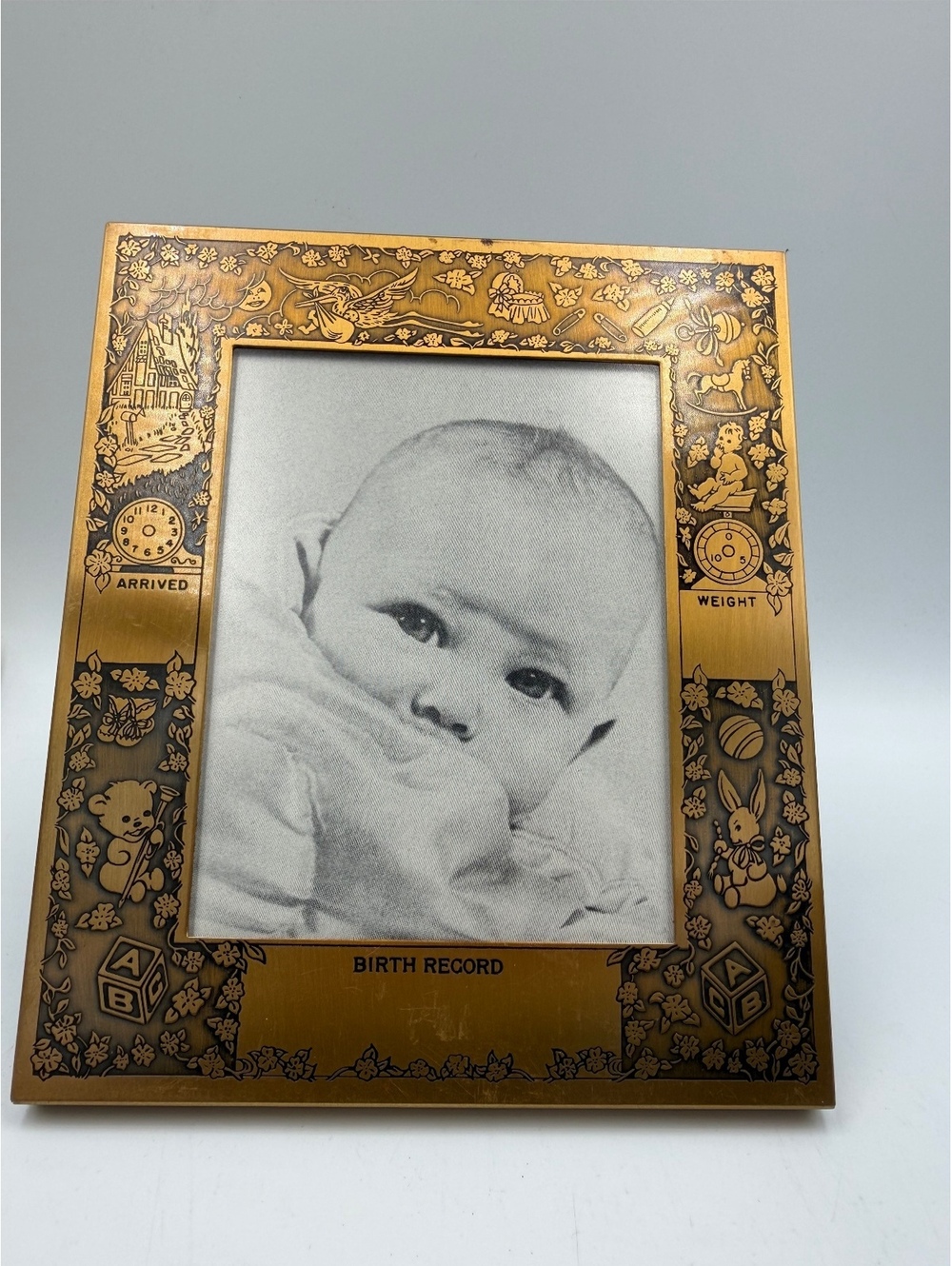 vintage brass birth record baby picture frame by M.W. Carr & Co. original boxing